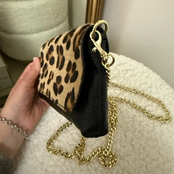 Genuine leather calf hair made in Italy Leopard Print  gold Chain Shoulder Bag - Picture 4 of 10